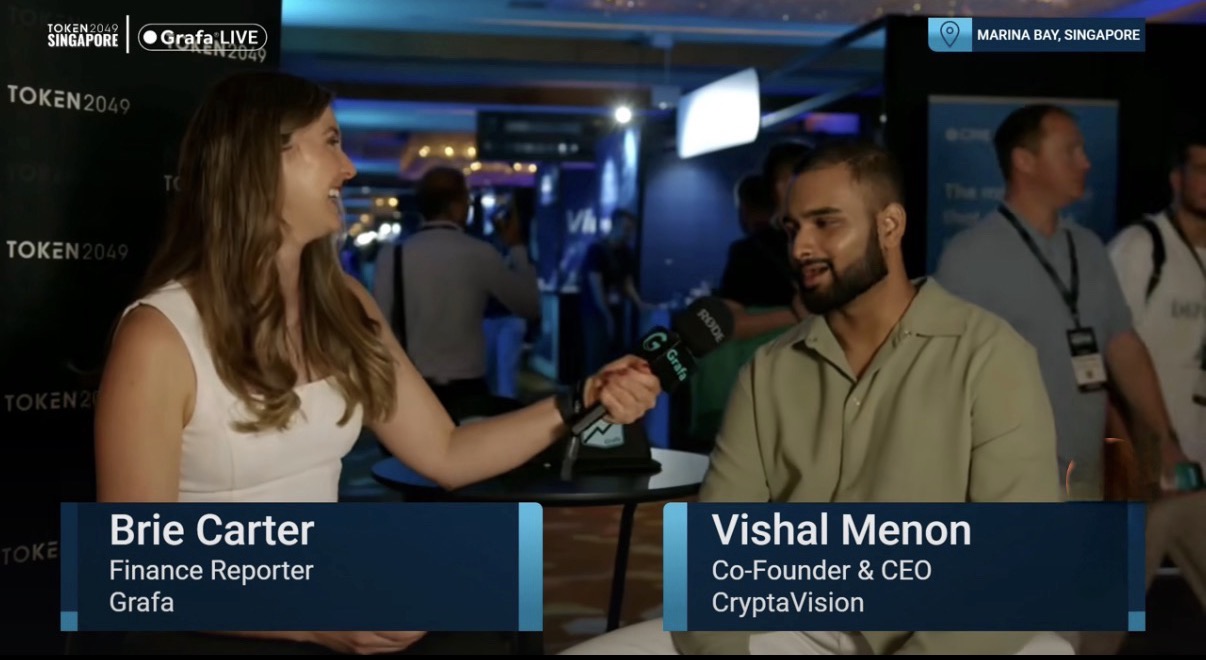 Vishal Menon being interviewed live on Grafa Crypto's Token2049 broadcast in Singapore